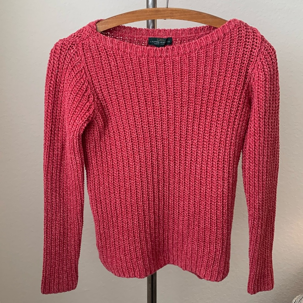 LRL Lauren Jeans Co sz S 100% cotton pink boatneck sweater EUC preppy beachcore